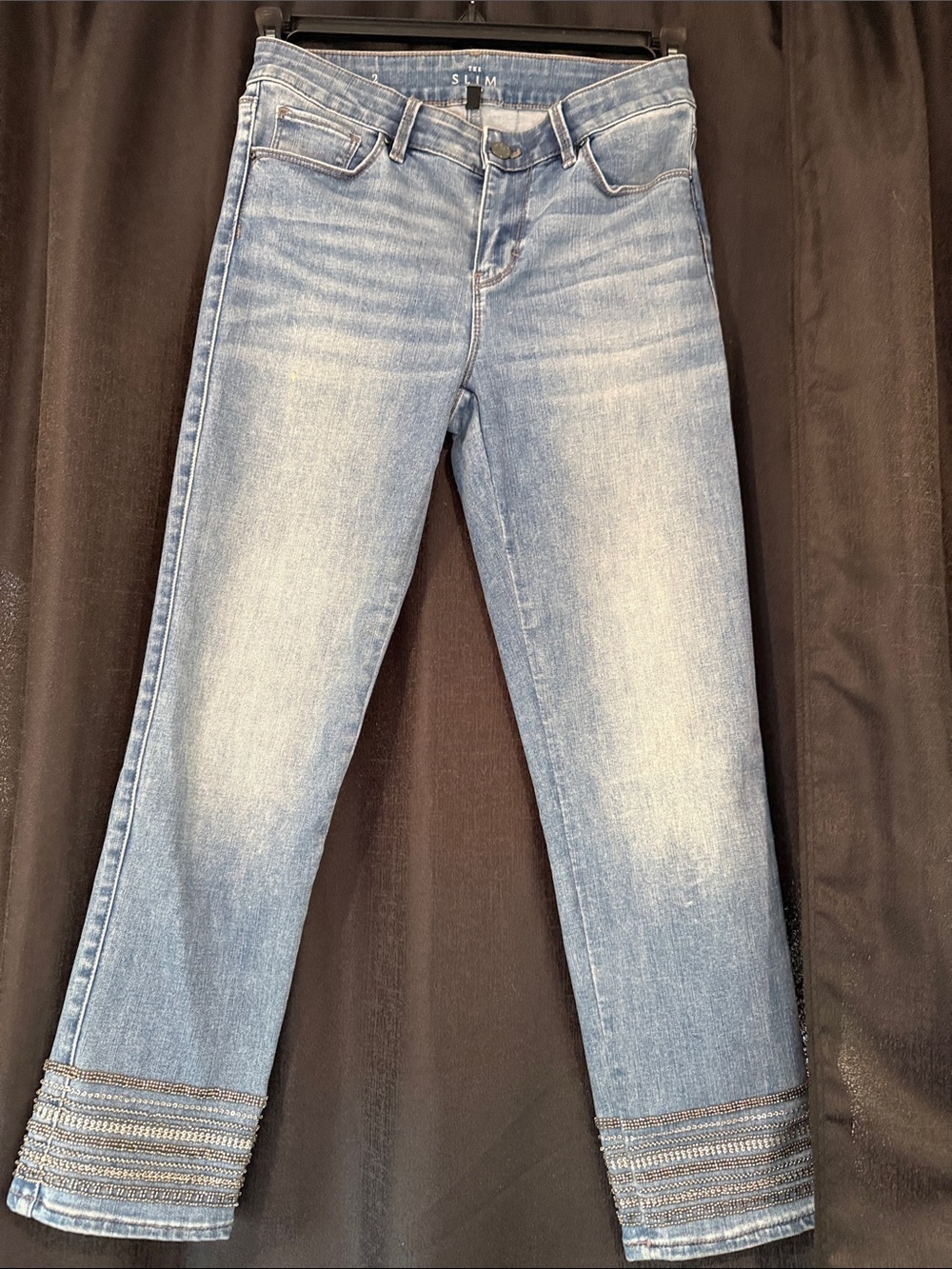 White House Black Market Light Blue Cropped Jeans with Beaded Hem